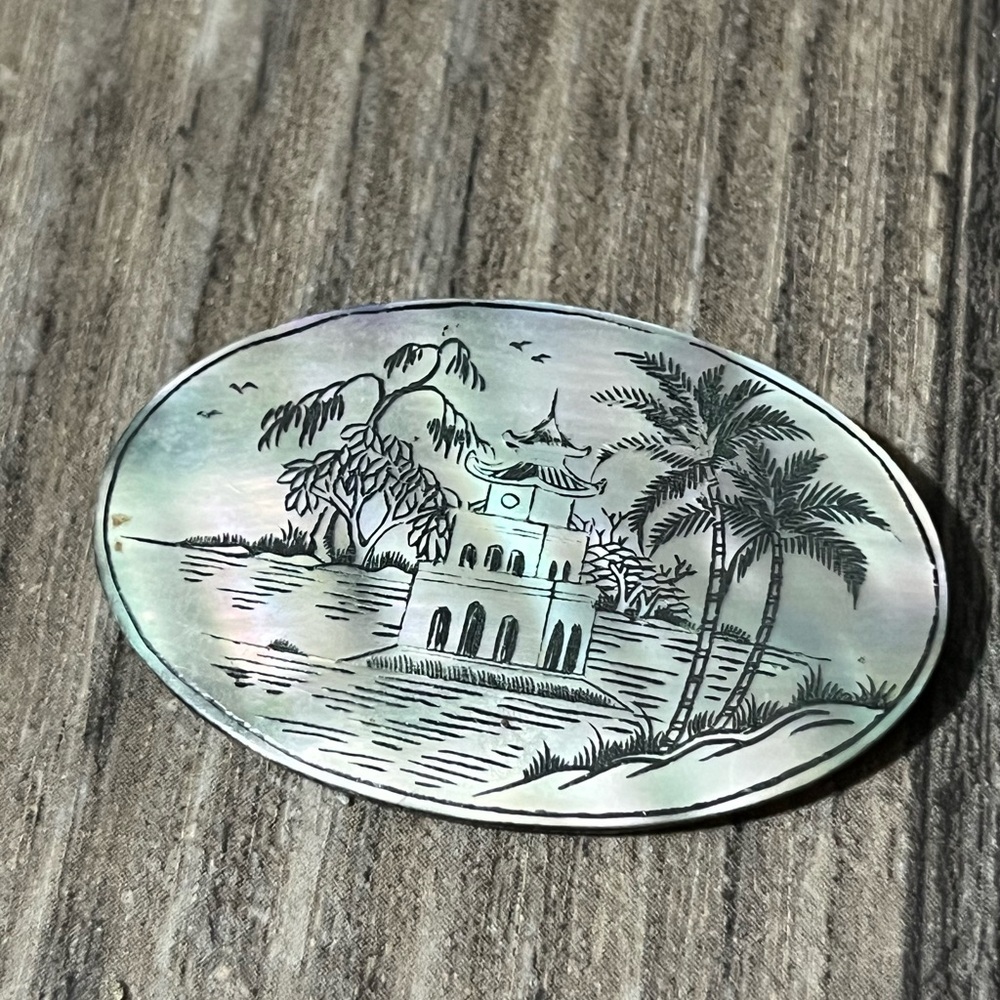 Oval Mother of Pearl abalone Brooch with Scenic Engraving